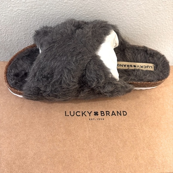 NIB [Lucky Brand] Marana Faux Fur Cork Slide Sandals in Graphite Women’s Sz 5.5 - Picture 5 of 12